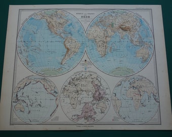 Vintage WORLD MAP Large original 1886 antique Double Hemisphere worldmap poster of antipodes hemispheres - vintage maps 14x19" big