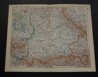 BAYERN old map of Bavaria Germany 1928 vintage print about south Bav Munich Garmisch Partenkirchen Berchtesgaden Augsburg Nurnberg area maps