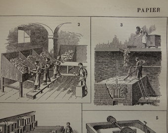 Papierfabriek, oude technologie, prent van de papierproductie, 1902, antieke Franse prenten met afbeeldingen van pulp persen, vintage 9x12"