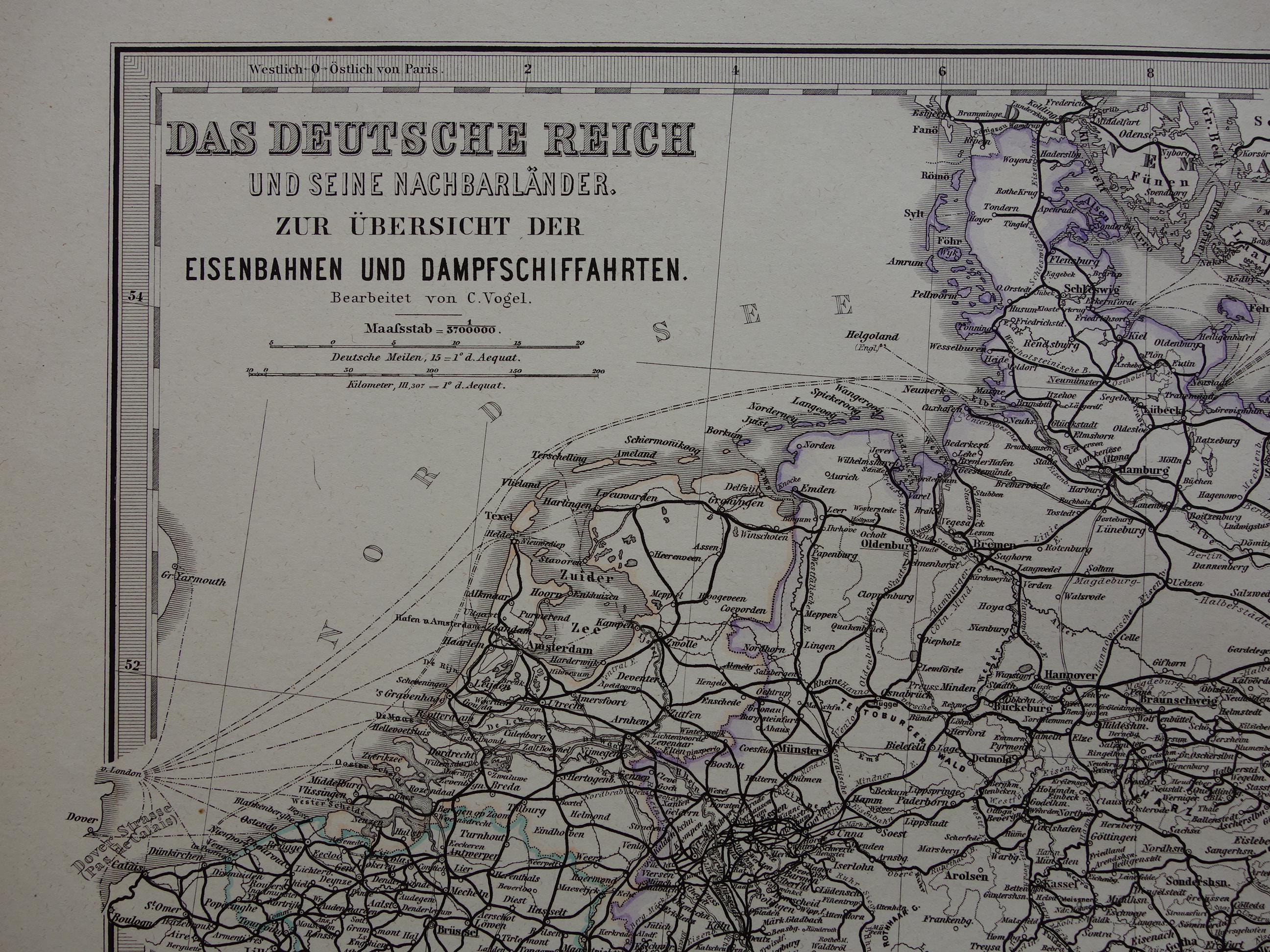1881 Antique railway highway map of Germany Poland Holland old vintage maps rail trains railways print dated with year