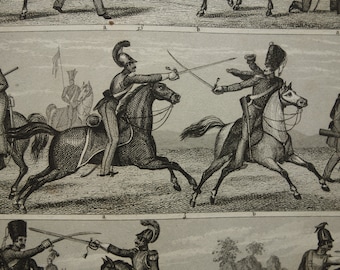 Antica stampa militare sul combattimento di cavalleria e fanteria - illustrazione originale dell'esercito di oltre 170 anni Stampe vintage con tecniche di combattimento di battaglia