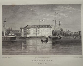 Scheepvaartmuseum Amsterdam small old print 1858 original antique engraving city view National Maritime Museum - vintage prints