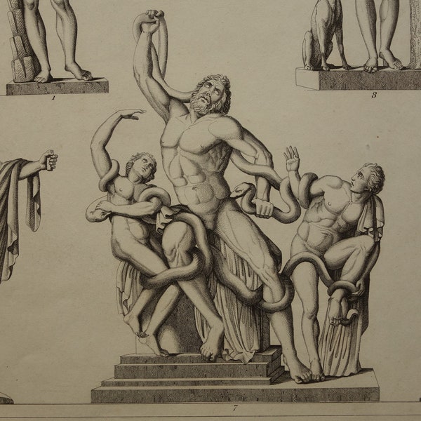 Antique art print Greek and Roman sculptures original 160+ years old illustration satue Laocoön and his sons vintage sculpture prints