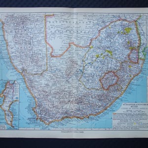 Mapa antiguo de Sudáfrica, impresión original de época de 1928 sobre Namibia, Botsuana, Suazilandia - Mapas de Ciudad del Cabo, Kaapstad, Transvaal, 24 x 31 cm, 9 x 12 pulgadas