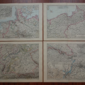 GERMANY large old map set of four maps 1892 original antique German Empire poster Hand-colored vintage prints 4 Extra Big Deutschland karte