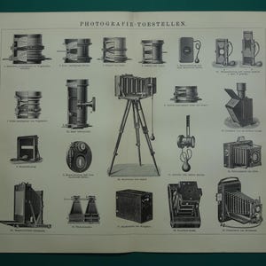 Antique print about photography equipment Original 1910 old illustration witch pictures of cameras photographer cameras Zeiss vintage prints
