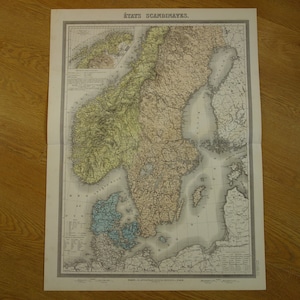 Alte Landkarte von Norwegen und Schweden 1883 original antikes Poster Grosse vintage Karten