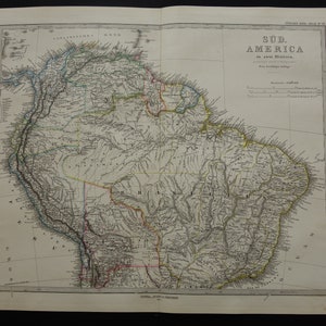 Südamerika Karte - großer original alter handkolorierter Druck von 1877 - Kontinent Amazonas Bolivien Surinam Kolumbien Peru - Vintage Maps Poster