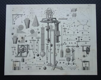 Wetenschappelijke prent van meer dan 175 jaar oud. Originele antieke gravure met afbeeldingen van wetenschappelijke instrumenten, zoals katrollen, technologie en natuurkundelaboratoria. Afmetingen: 9x11 inch.