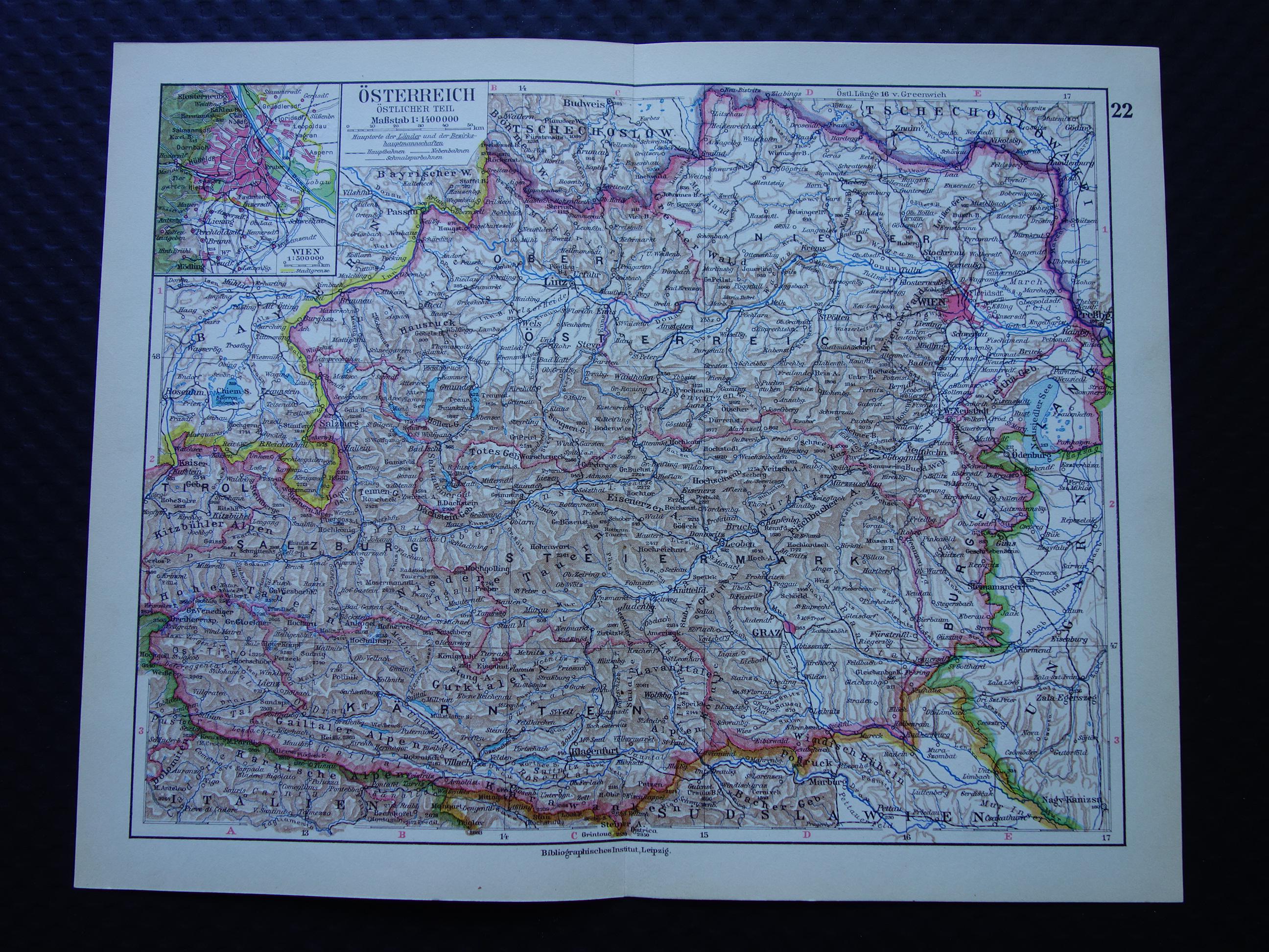 オーストリア 1928年のオーストリアの古地図。グラーツ、リンツ
