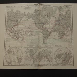 WELTKARTE antike Weltkarte Wunderschöne original 1880 Transport Weltkarten altes Vintage Poster von Klima Meeresströmungen 14x19"groß