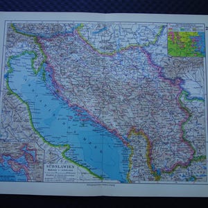 Alte Landkarte von Bosnien Serbien Kroatien 1928 vintage deutsche Karte über die Bucht von Kotor Beograd, Agram Sarajevo