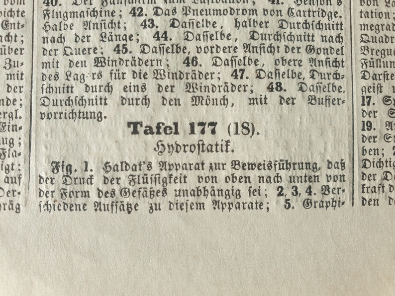 Puede incluir: Una ilustraci&oacute;n en blanco y negro de un experimento cient&iacute;fico, etiquetada como "Tafel 177 (18). Hydrostatik." La ilustraci&oacute;n muestra un dispositivo utilizado para demostrar la presi&oacute;n de un l&iacute;quido. El pie de foto dice "Fig. 1. Haldat's Apparat zur Beweisf&uuml;hrung, da&szlig; der Druck der Fl&uuml;ssigkeit von oben nach unten von der Form des Gef&auml;&szlig;es unabh&auml;ngig sei; 2, 3, 4. Ber schiedene Aufs&auml;ge zu diesem Apparate; 5. Graphiden d"