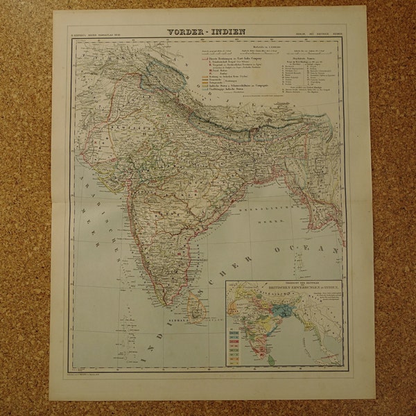 LARGE INDIA map 1856 beautiful antique hand-colored original old poster of British Nepal Kashmir Bombay Asam Bengal Birma Delhi 19x24" maps