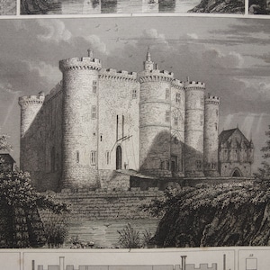 Fortifications from the Middle Ages Antique Military print about stronghold 1849 old illustration Louvre Bastille Paris vintage prints