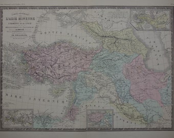 May include: Antique map of Asia Minor, Armenia, and Syria, with text in French. The map features detailed geographical information, including the Caucasus and Mesopotamia. The map is in shades of green, pink, yellow, and blue.