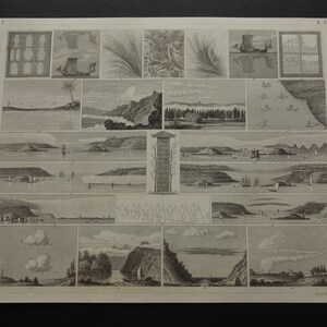 Puede incluir: Una impresión detallada en blanco y negro que presenta varias ilustraciones de paisajes y arquitectura. La impresión incluye imágenes de barcos, islas y elementos arquitectónicos, todo ello representado en un estilo artístico detallado. La impresión está sobre un fondo blanco.