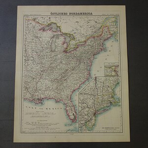 Oude kaart van de VS van de oostkust LARGE 1874 originele antieke poster VS Florida Maine Niagara Falls - vintage grote gedateerde kaarten 19 x 24" met jaardatum