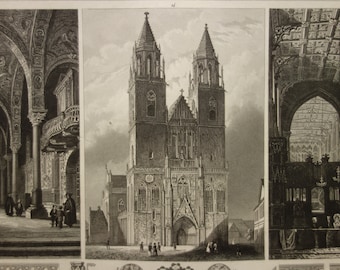 Magdeburg Cathedral Vintage Architecture Prints 175+ years old print of Churches Church buildings 9x12" antique illustration