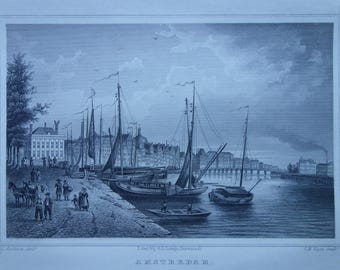 Small antique print of Amsterdam from 1858 original old city view panorama Amsterdam Prins Hendrikkade illustration