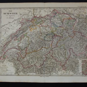 SWITZERLAND antique map of Switzerland Original 1860 hand-colored poster Large old vintage maps Zurich Bern Geneva dated with year