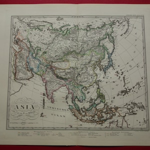 ASIE ancienne carte de l'ASIE Grande estampe ancienne de 1878 de l'Asie coloniale Affiche originale colorée à la main sur le continent asiatique, datée 40 x 50 cm