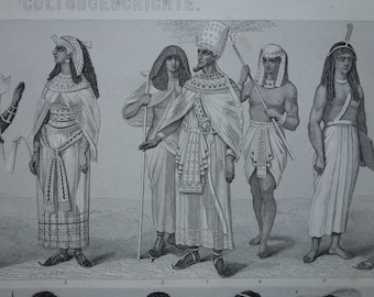 FARAO'S, een prent van meer dan 155 jaar oud met afbeeldingen van oude Egyptische kleding, farao, Egypte, illustratie, antieke prenten, Egyptologie.