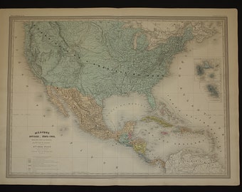 USA antique map of United States LARGE Beautiful 1880 original old poster of the US Mexico Caribbean Vintage maps United States 24x32" big