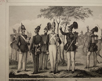 Antiguo grabado militar sobre soldados de infantería alemanes y franceses 1849 uniformes del ejército antiguos originales ilustración grabados antiguos Francia Alemania
