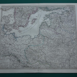Mapa antiguo grande de 1876 de Estonia, Letonia, Lituania, mapas antiguos originales coloreados a mano, los estados bálticos, Rusia, San Petersburgo, Polonia, tamaño grande de 14 x 19 pulgadas