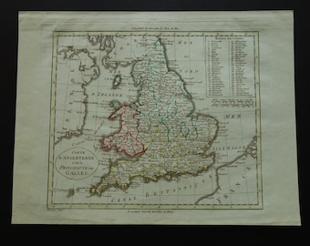 ENGLAND Antique map 1802 original 200+ years old French hand-colored print/poster of England and Wales London vintage maps historical decor