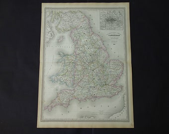 ENGLAND Antique map of England and Wales LARGE 1856 original 160+ years old poster London vintage historical UK maps wall hanging 24x32" big