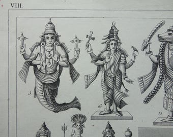 Hinduism antique print Original 175+ years old illustration Vishnu Hindu Gods Deities Monks Rituals vintage religion prints