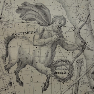 ASTRONOMIE alter Druck von Skorpion Schütze Saggitarius Zeichen Vintage Sternenkarte der Konstellation Sterne - Tierkreiszeichen Astrologie Illustration