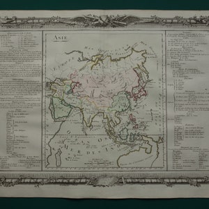 Mapa de Asia de más de 260 años de antigüedad, impresión antigua original de gran tamaño de 1761, continente asiático, mapas franceses fechados
