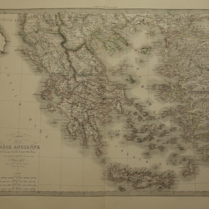 GRIECHENLAND im Altertum Landkarte - Antiker GROSSER original 1851 alter handkolorierter Druck - antike griechische Geschichte Athen vintage Landkarten 20x27" datiert