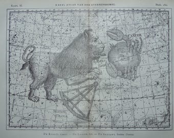 ASTROLOGY antique print Old star chart vintage astronomy poster of Leo Cancer zodiac sign constellation signs illustration gifts