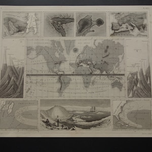 May include: An antique world map, printed in monochrome, featuring detailed depictions of continents, oceans, and geographical elements. Includes inset illustrations of landscapes and geographical features.