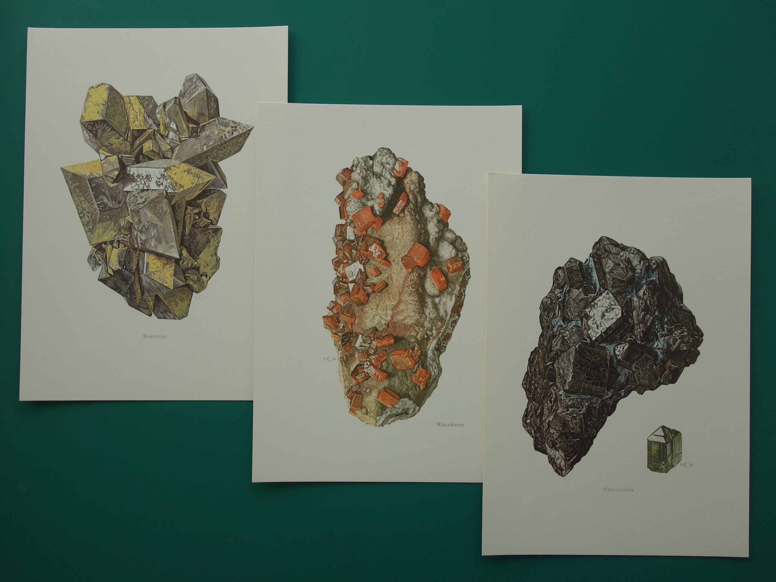 Vintage Mineral Print Set Of 3 Prints Baryte Wulfenite Vesuvianite Crystal Minerals Stone Old Pictures Illustration Home Wall Decor Crystals