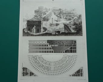 Colosseum Forum Romanum 175+ years old print Original antique Roman architecture prints Vintage Rome illustration