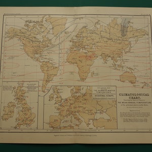 Alte Weltkarte der Klima Mitteltemperatur 1879 original antike physikalisch Geographie Weltkarten A.K. Johnston Klima Wetter Weltkarte
