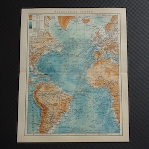 Mapa antiguo del océano Atlántico de 1905 Impresión vintage detallada del océano Atlántico