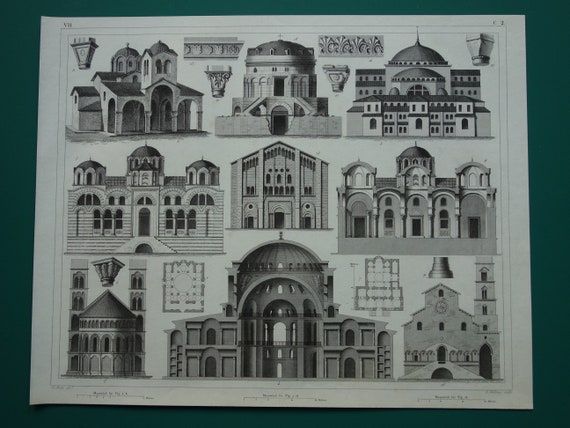 BYZANTINE Architecture Antique Prints 175+ Years Old Print of Haga