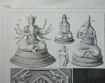 Hinduism Buddhism antique print Original 175+ years old illustration Buddha Hindu Lama Monks Rituals vintage religion prints