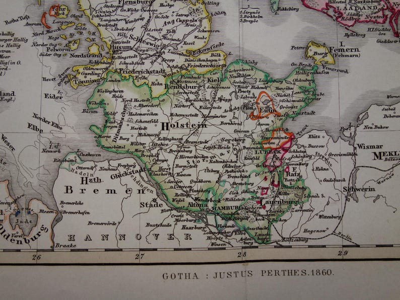 DENMARK Old Map of Denmark Original Antique 1860 Hand-colored Print ...