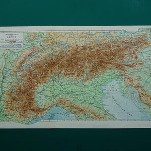 ALPS old map of the Alps 1932 antique Dutch height map Matterhorn Monterosa mountain peaks vintage maps -  alte Karte der Alpen