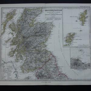 Antica mappa della Scozia - Grande stampa originale colorata a mano del 1877. Manifesto di mappe d'epoca delle isole Shetland Orcadi Edimburgo Ecosse 37x46 cm.