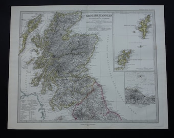 May include: An antique map of Great Britain and Ireland, printed in black and white with yellow and red accents. The map shows the islands of Great Britain and Ireland, with detailed borders and geographic features. The title "GROSSBRITANNIEN" is printed at the top of the map.