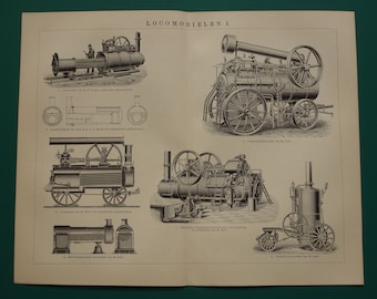 Draagbare locomotief, originele antieke Nederlandse set uit 1909 van twee prenten van oude Locomobile-locomotieven, Lanz-ontwerp, vintage illustratie van Wolf Fowler.