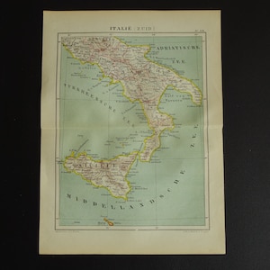 Ancienne carte de l'Italie du Sud 1880, impression ancienne originale néerlandaise Sicile Palerme région de Naples - petites cartes vintage - 7 x 9"